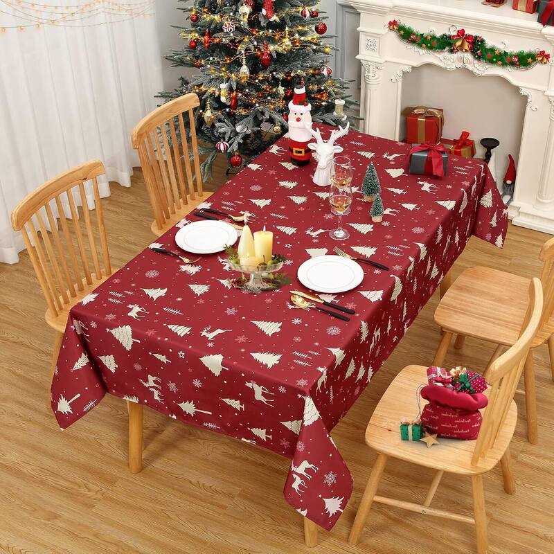 Christmas Rectangular Tablecloth Waterproof Holiday Xmas Decor Red - 60"*84"