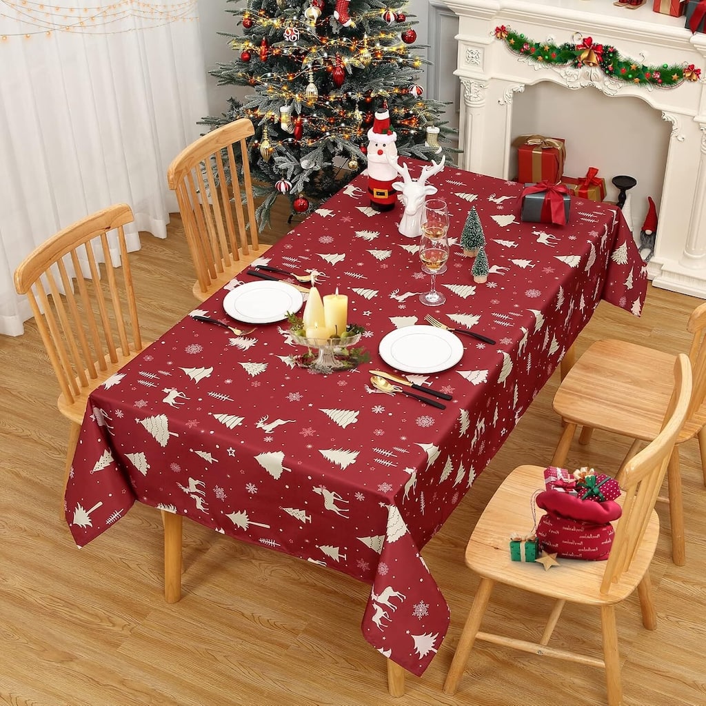 Christmas Rectangular Tablecloth Waterproof Holiday Xmas Decor Red
