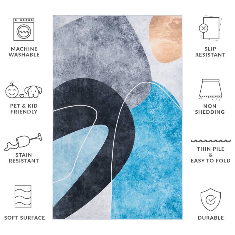 SAFAVIEH Malibu Francine Contemporary Machine Washable Rug - 9' x 12' - Dark Grey/Turquoise