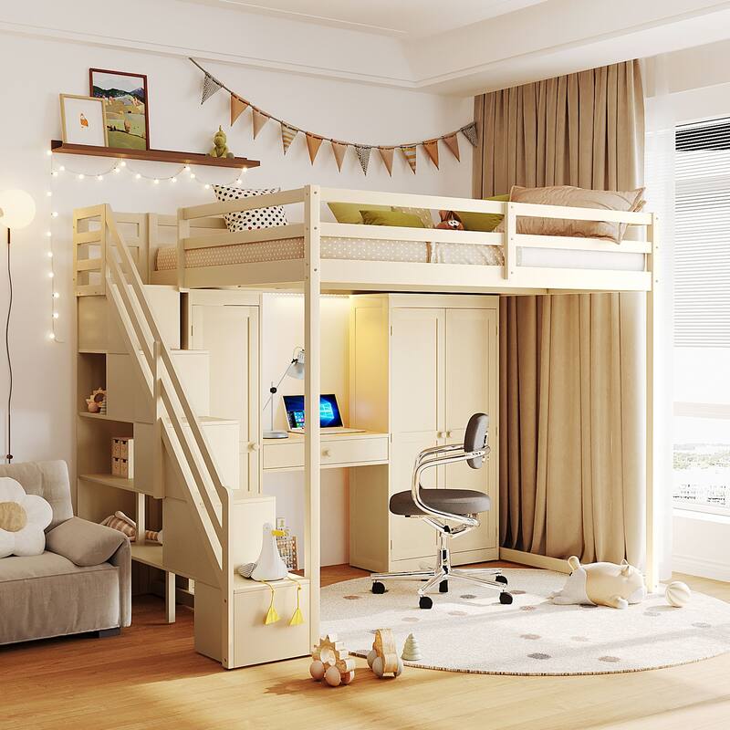Full Size Loft Bed Frame for Kids with Storage Staircase, Wardrobe, Cabinets, USB, LED and Dressing Table with Mirror and Drawer
