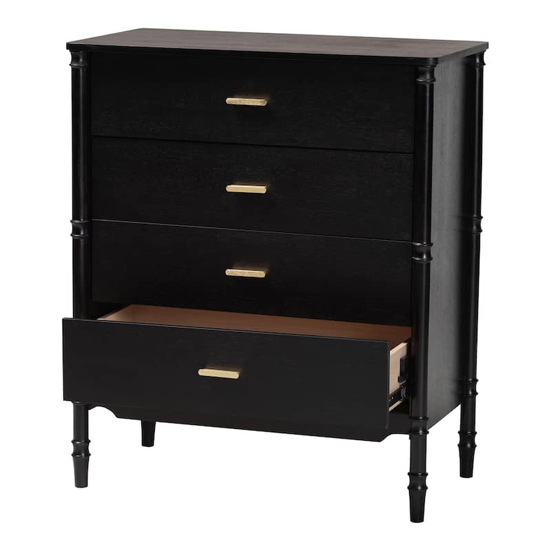 Marisela Black Wood Chest of Drawers with Gold Handles - 4-Drawer Dresser with Bamboo-Inspired Legs, Modern Transitional Accent