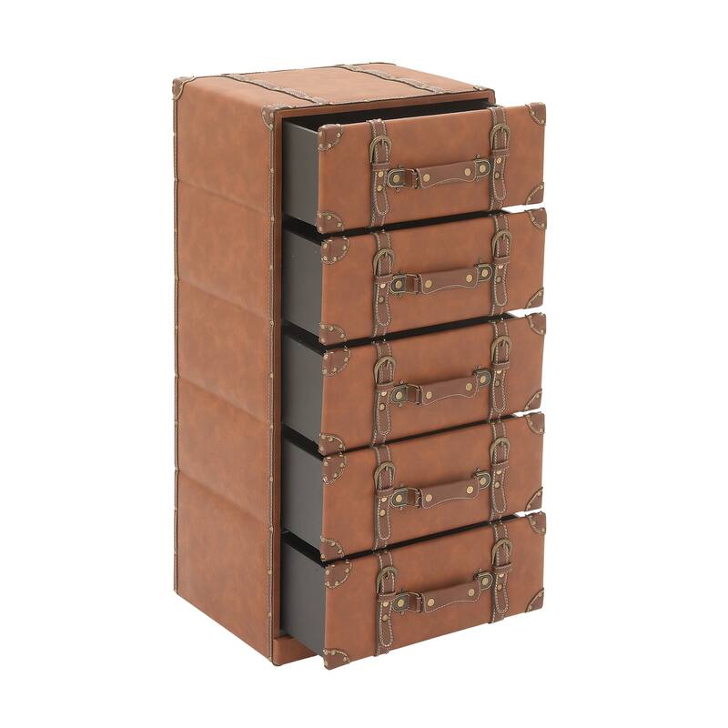 Wooden Faux Leather 5 or 6 Drawers Chest with Buckle and Strap Detailing - Brown - Roche River Decor