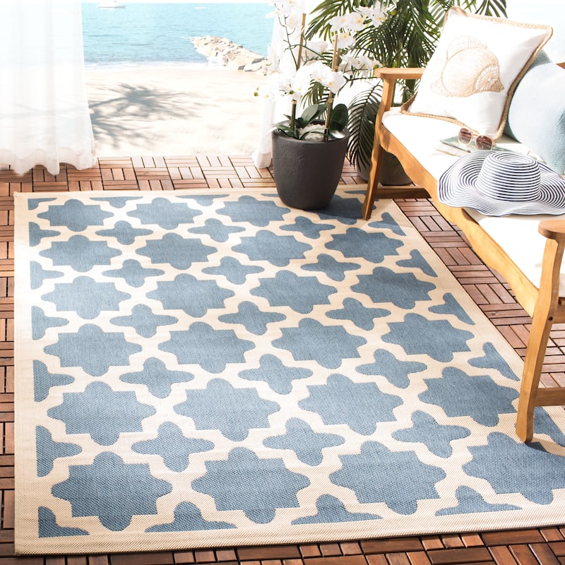 SAFAVIEH Courtyard Dorthey Indoor/ Outdoor Waterproof Patio Backyard Rug - 5'3" x 7'7" - Blue/Beige