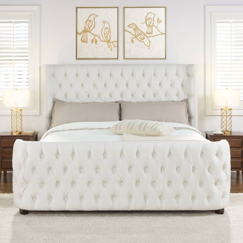 Chateau Fabric Upholstered Shelter Panel Bed Frame - White Polyester - King