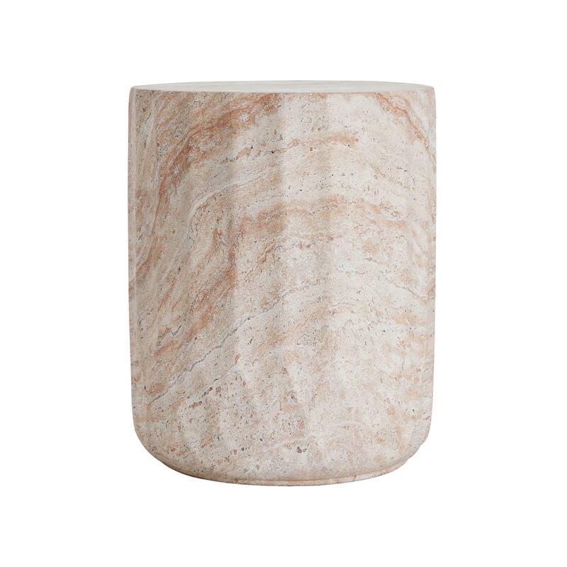 Outdoor Indoor Lightweight Concrete Side Table, Cylinder Travertine Finish Accent Table - 18.47