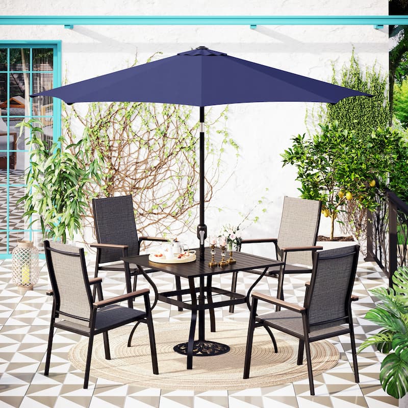 MAISON ARTS 5/6 Pieces Patio Dining Set, 4 x Aluminium Stackable Dining Chairs and 1 x Metal Table - +Umbrella
