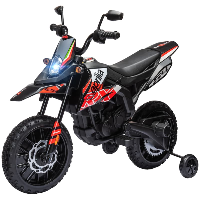 Aprilia Licensed 12V Kids Electric Dirt Bike with Training Wheels, Music, USB Port, and Headlight