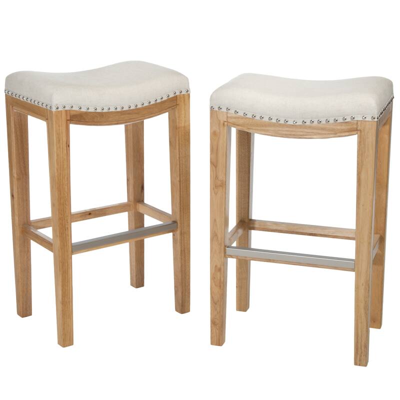 2-Pcs Set Wooden Frame Barstool, Nailhead Trim Saddle Bar Chair, Backless Counter High Chair, Upholstered Dining Chair