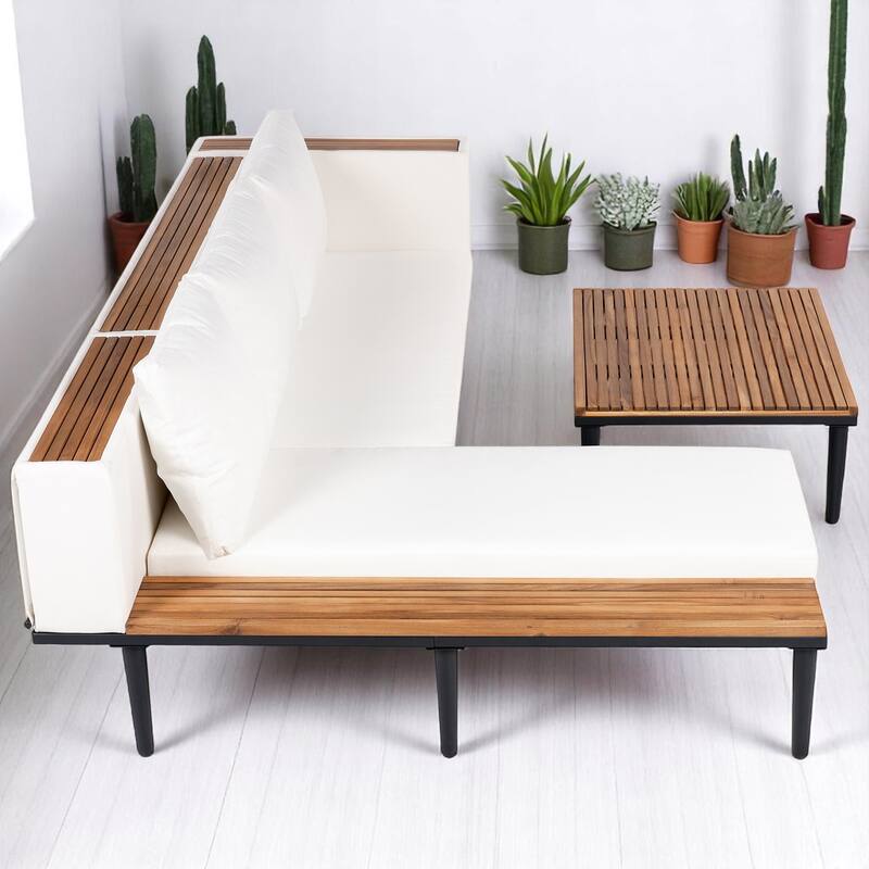 3-Piece Outdoor Sofa Set with Acacia Wood Frame, Side Table & Coffee Table, Weather-Resistant Cushions, Patio Conversation Set