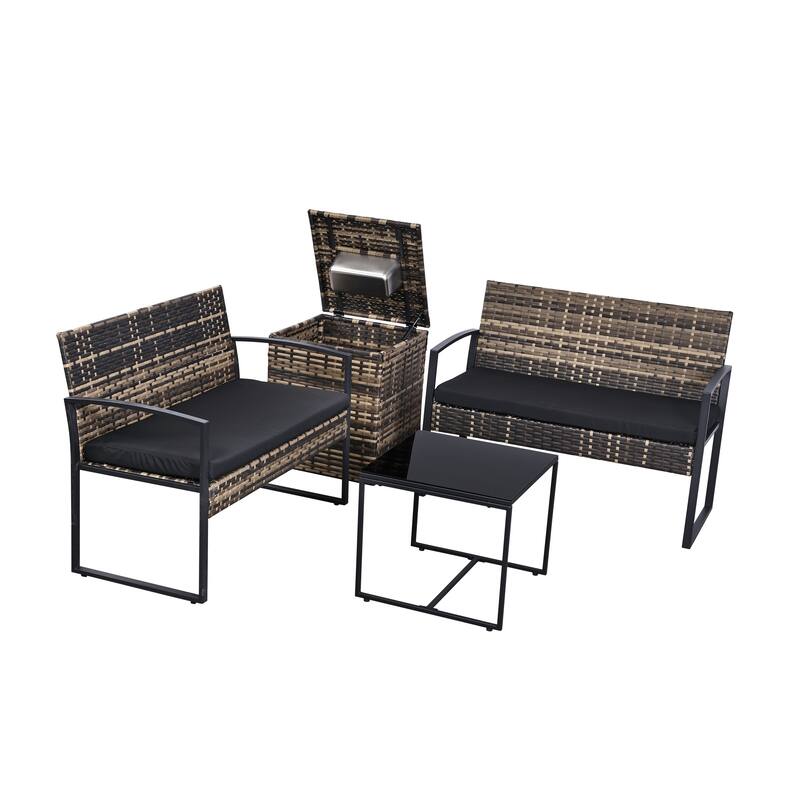 5 PCS Patio Conversation Set With Square Fire Table - Brown/Black