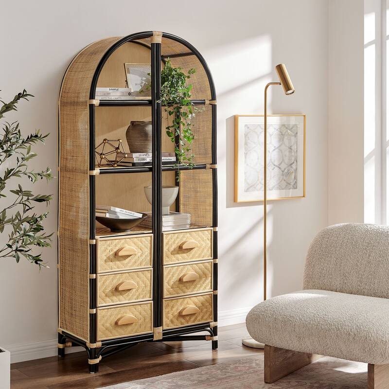 Jane 71 Inch Tall Arched Natural Rattan Bookshelf - Natural Black