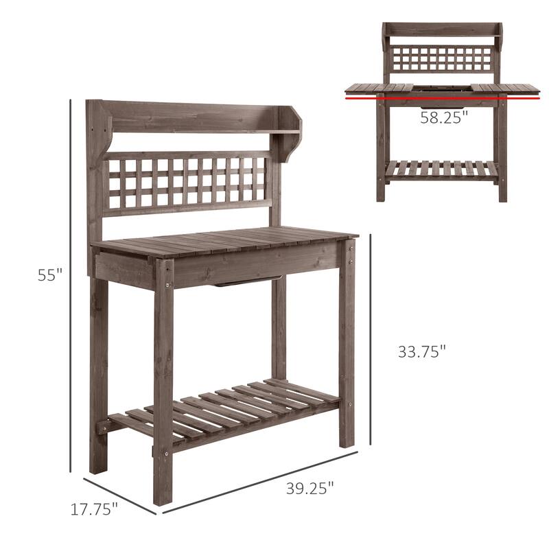 Outsunny 39'' x 18'' x 55'' Wood Garden Potting Work Table with Hidden Storage, Sink Basin, & Below Clapboard