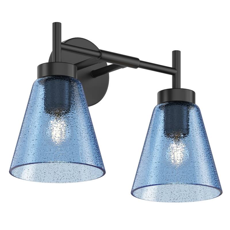 Rustic Farmhouse Black 2-Light Wall Sconce with Blue Seeded Glass Shade