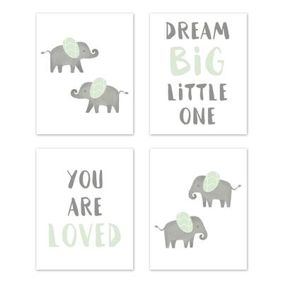 Sweet Jojo Designs Mint and Grey Watercolor Elephant Safari Collection Wall Decor Art Prints (Set of 4) - Dream Big