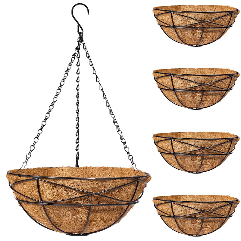 4 Pack Metal Hanging Planter Basket Huge 14 Inch Hanging Flower Pot Basket & Coco Coir Liner for Indoor/Outdoor Garden