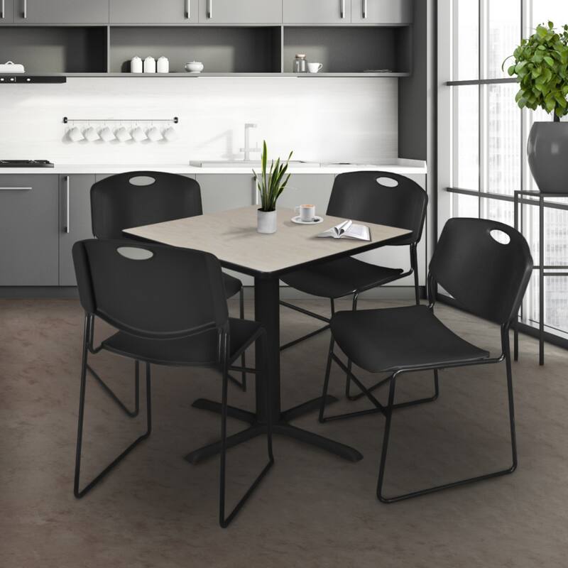42" Square Breakroom Table- Maple & 4 Stack Chairs- Black - 42