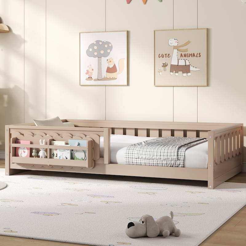 Kid Wood Platform Storage Bed Montessori Toddler Floor Bed Children Daybed with Guardrail and Side Creativity Storage Shelves
