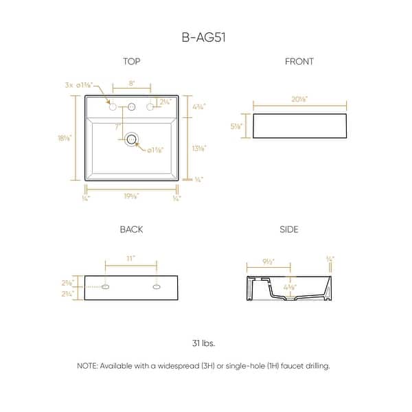 dimension image slide 1 of 3, Rectangular Wall Mount Basin with Faucet Drilling Options and Overflow