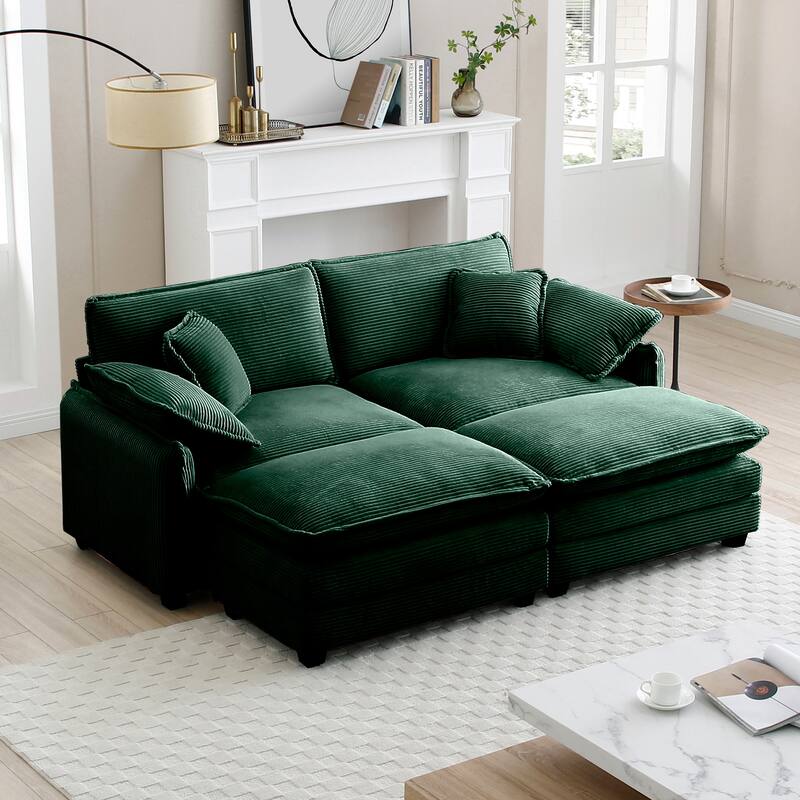4-Piece Corduroy Modular Sleeper Sectional Sofa with 2 Ottomans & 4 Pillows - Green