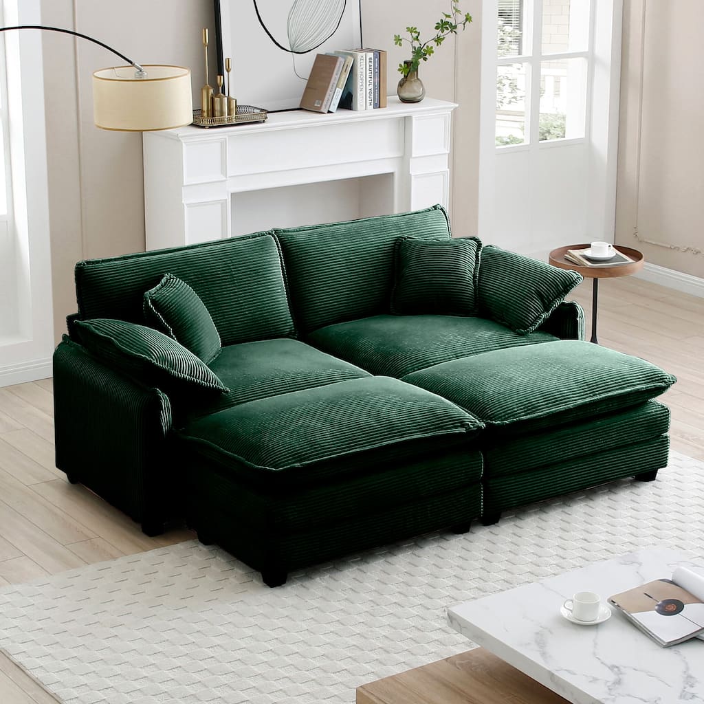 Green 4-Piece Corduroy Modular Sleeper Sectional Sofa, 2 Removable Ottomans & 4 Pillows