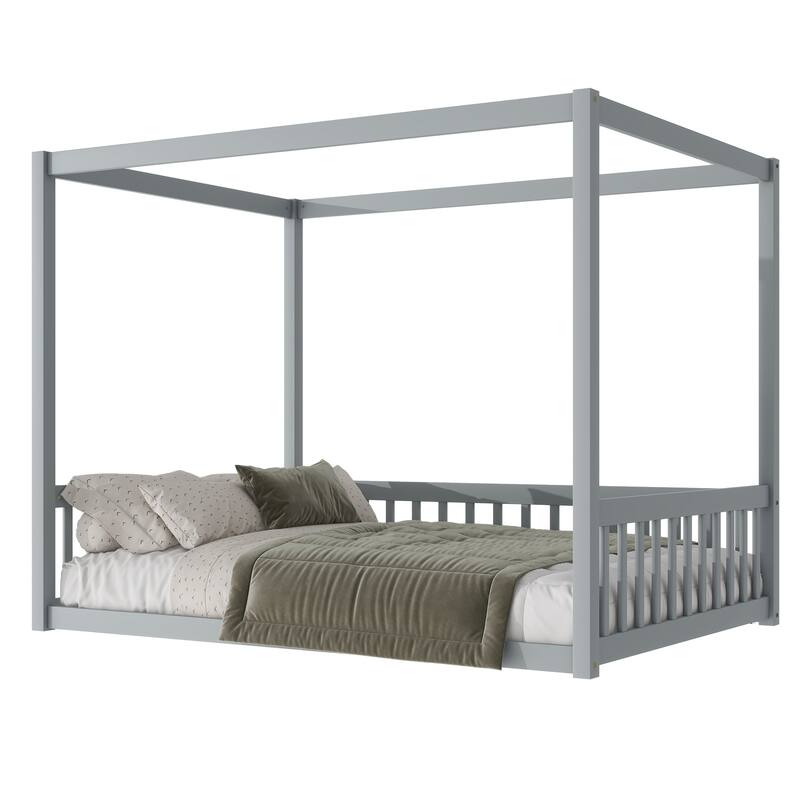 Full Size Canopy Frame Floor Bed with Guardrails, Grey, Rubber Wood