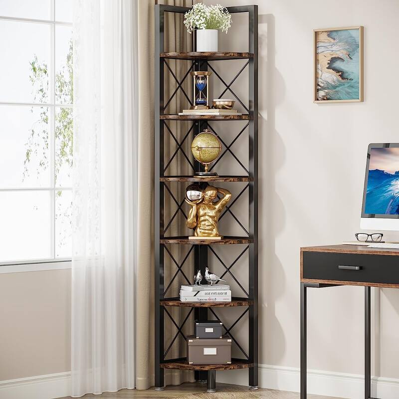 5 Tier Corner Shelves, Rustic Corner Bookshelf Small Bookcase Plant Stand for Living Room