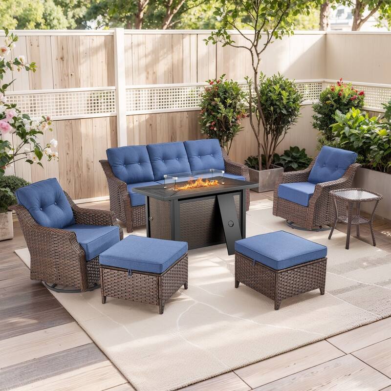 7-Piece Sofa Swivel Chairs Ottoman with 43" Firepit Table - Brown Wicker & Blue Cushion