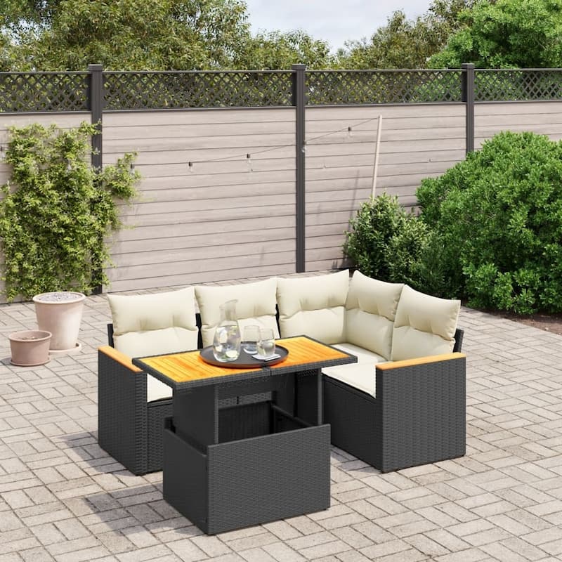 vidaXL Patio Sofa Set with Cushions Lounge Set 5 Piece Poly Rattan Acacia - Black and cream - form1 - 21.7 x 39.4 x 28.7 in