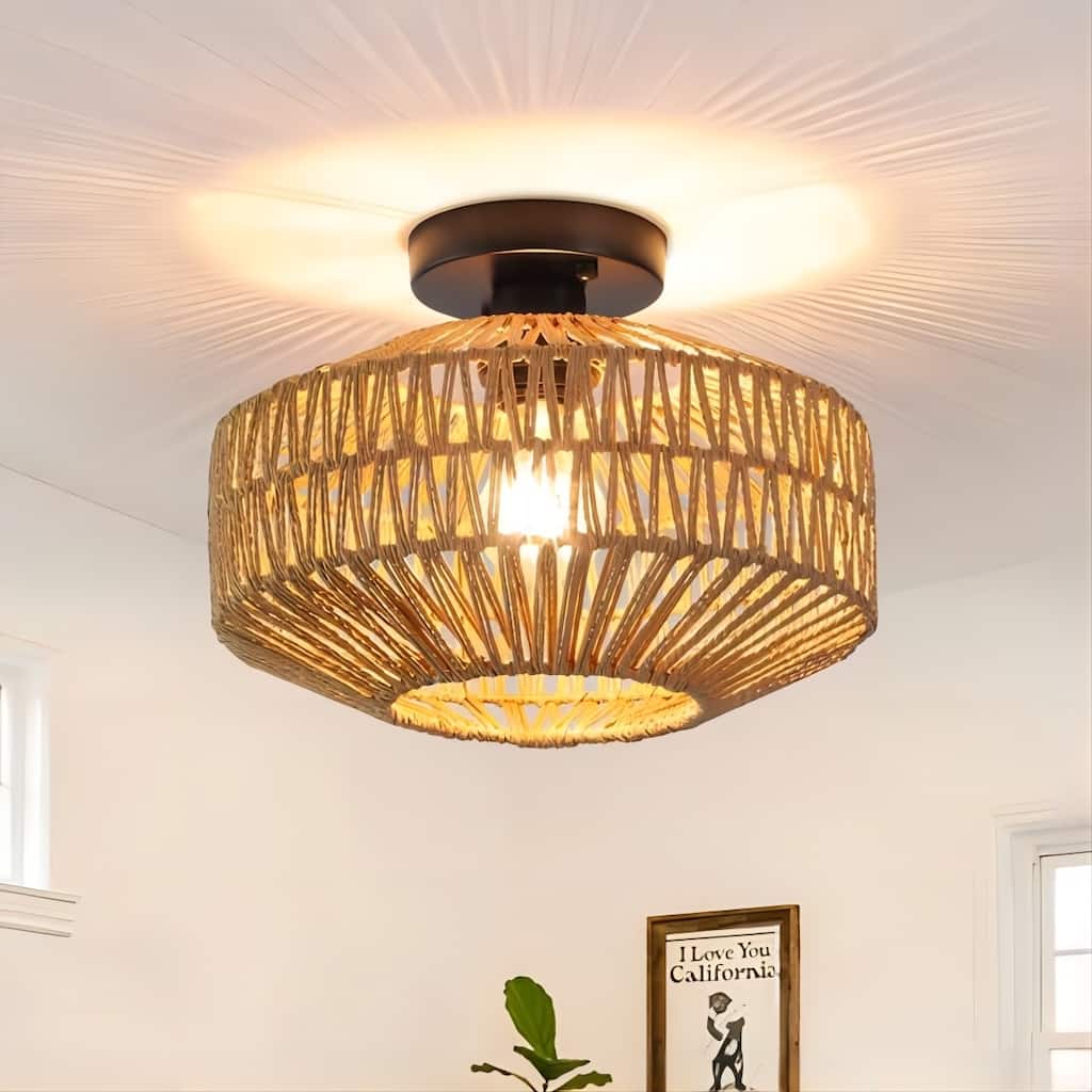 1-Light Rattan Semi Flush Mount Chandelier for Hallway Entryway Dining Room