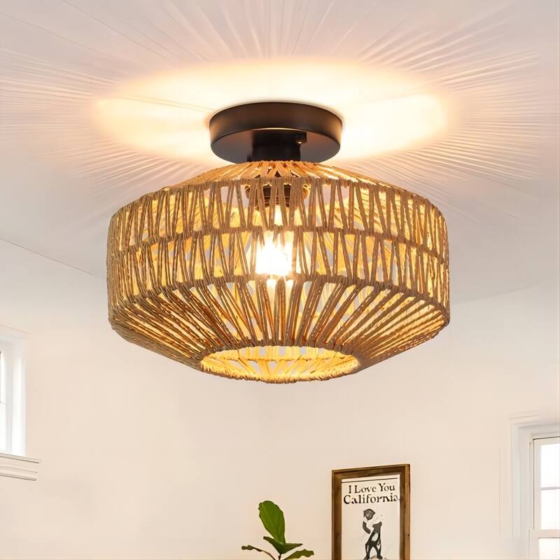 1-Light Rattan Semi Flush Mount Chandelier for Hallway Entryway Dining Room - Black/Brown