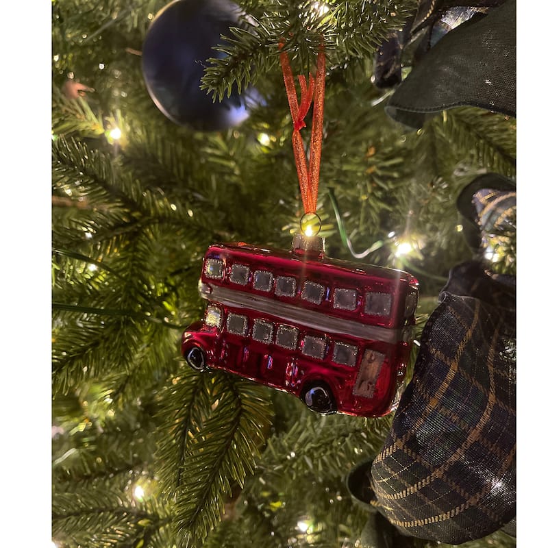 Double Decker Bus Glass Christmas Ornament - 3.75" - Silver and Red