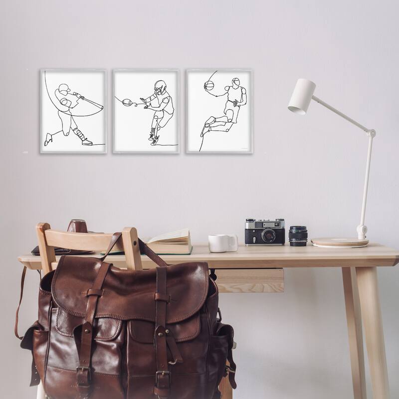 Stupell Simple Line Doodle People Playing Sports Baseball Football Basketball Framed 3 Piece Wall Art - Black
