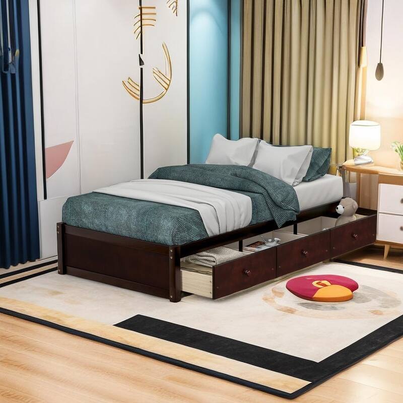 Twin Bed Large Size Platform Storage Bed with 3 Drawers Twin Bed with Under Bed Storage Drawers