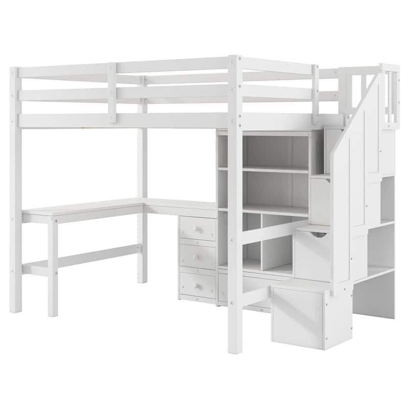 Full Size Wood Loft Bed with L-Shaped Desk and Drawers, Space Saving Design Wood Bed Frame with Cabinet and Storage Staircase