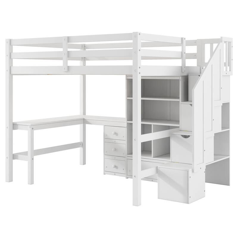 Twin/Full Loft Bed with L-Shaped Desk and Storage Staircase, Multi-Functional Solid Wood Loft Bed Frame with Drawers & Bookcase