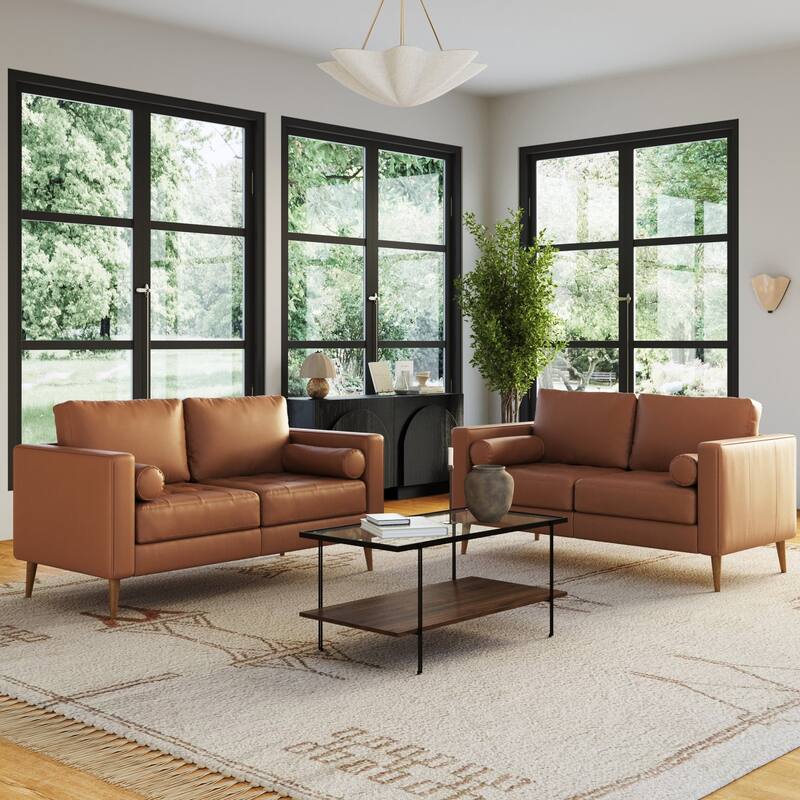 Breeze Mid Century Modern Sofa, Leather Couch with Tufted Cushion and Solid Wood Frame