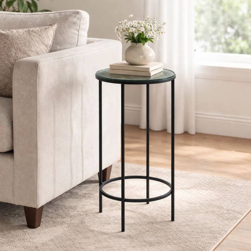 Hex Accent Table, 12 Inch Round Recycled Glass Top, Black Iron Frame
