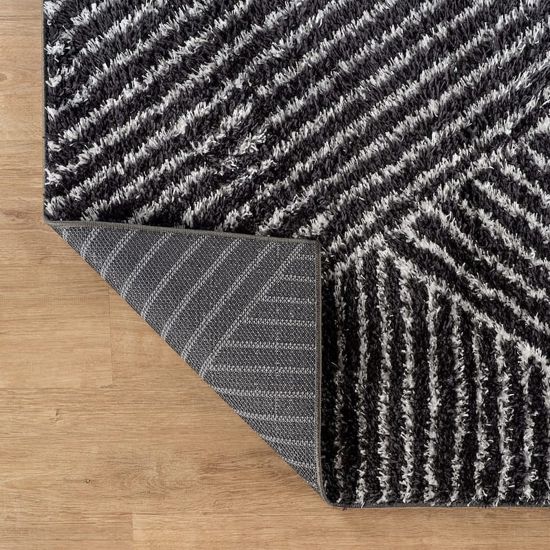 Minimal Stripe Geometric Shag Rug - Anthracite Dark Gray - Medium Pile - Cozy & Modern