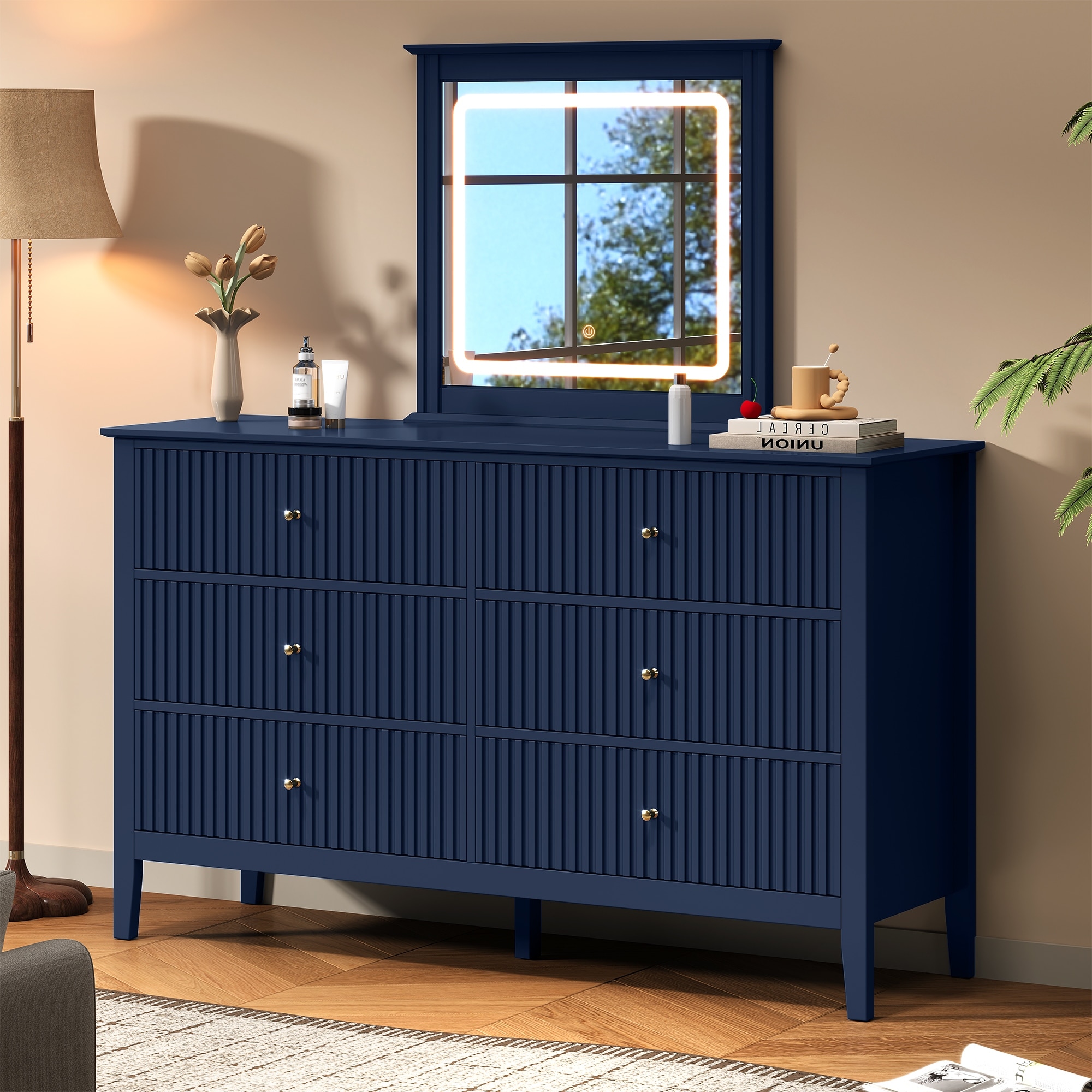 navy blue dresser with mirror 6 Drawer Lighted Color:Champagne Rose ssid:4744 Villanelle Mini Dress - Vintage dresser WHERE TO USE This
