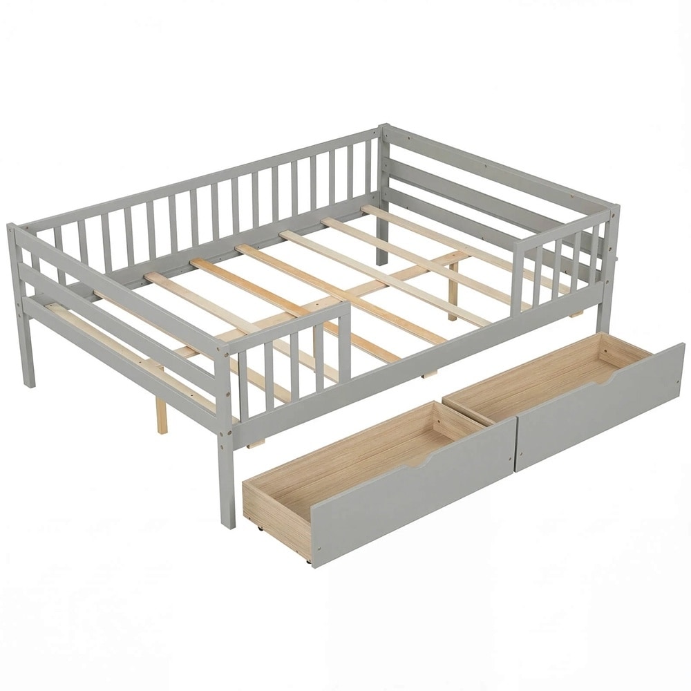 Full Daybed Fence 2 Drawers Railings & Slats Support Kids Bed Frame