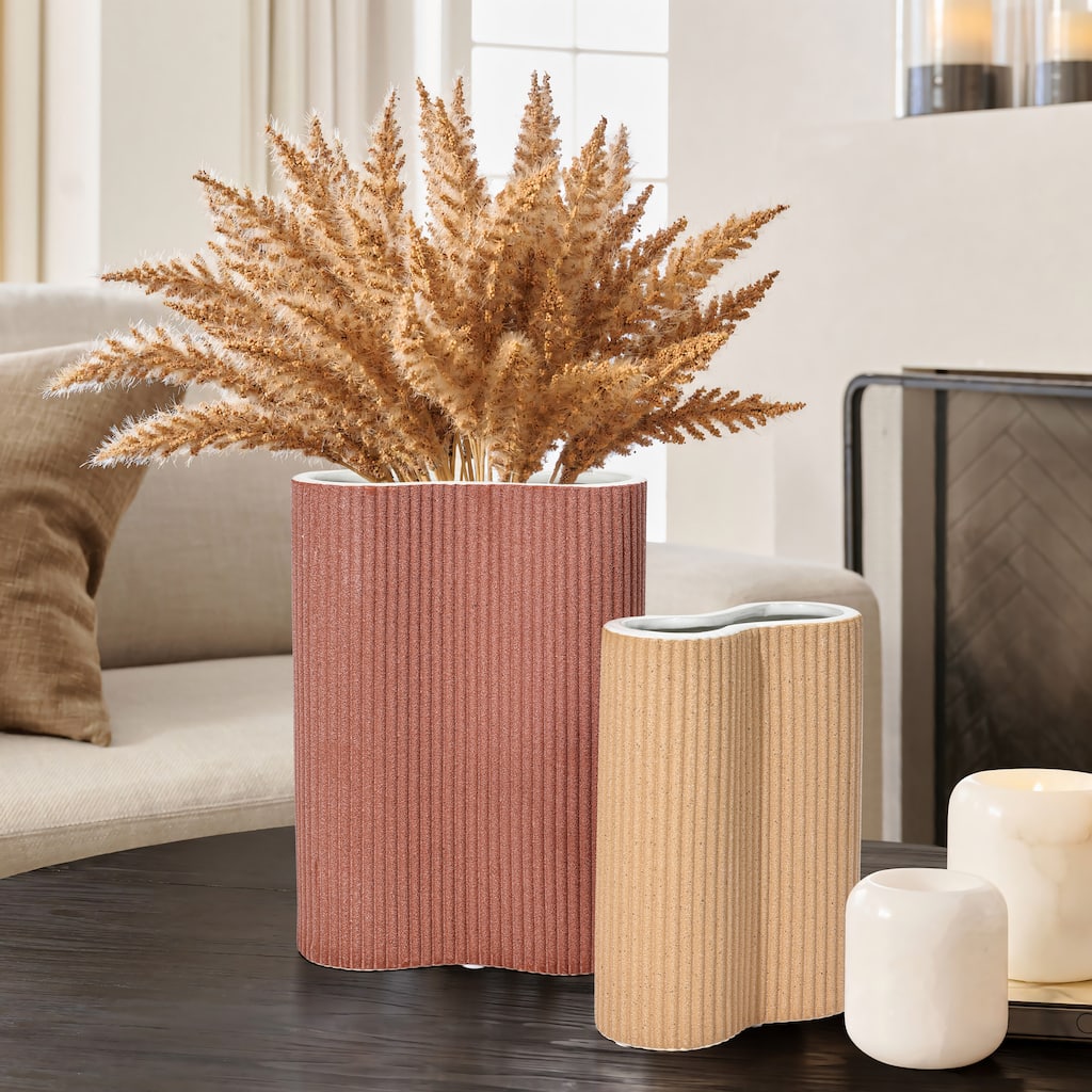 2-Piece Brown Ceramic Fluted Vase Set