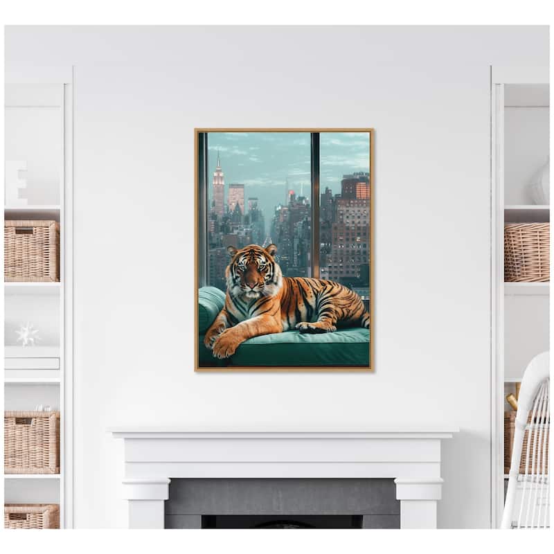 Kate and Laurel Sylvie Graceful Tiger in New York Framed Canvas by Michael Schauer