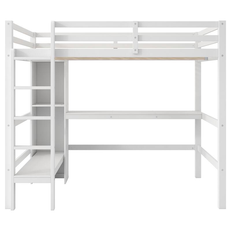 Full Size Loft Bed with Multifunction Shelves and Under-bed Desk