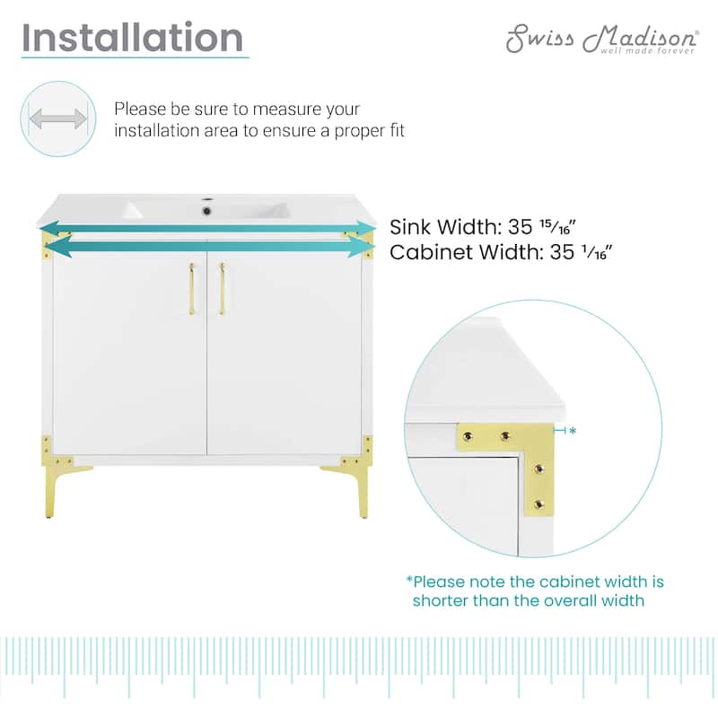 Voltaire 36" Single, Bathroom Vanity in White with Gold Hardware