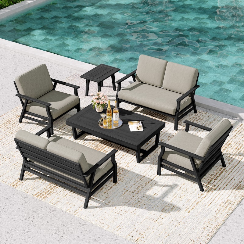 4-Piece Teak Outdoor Conversation Set With 2 Loveseats, Coffee Table & Side Table - Light Camel - Black Wood