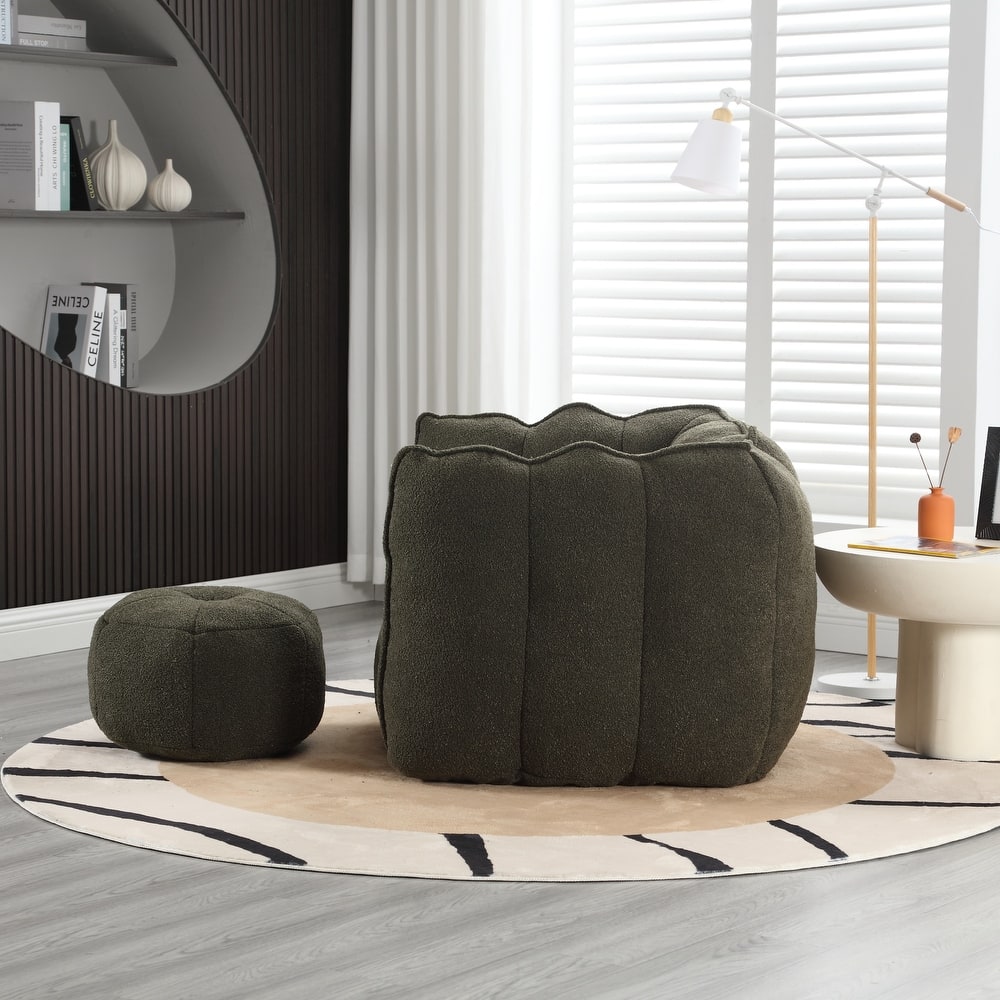 Extra-Large Chenille Bean Bag Chair with Footstool, Comfy Bean Bag Sofa for Adults, High Resilient Foam Square Lazy Sofa