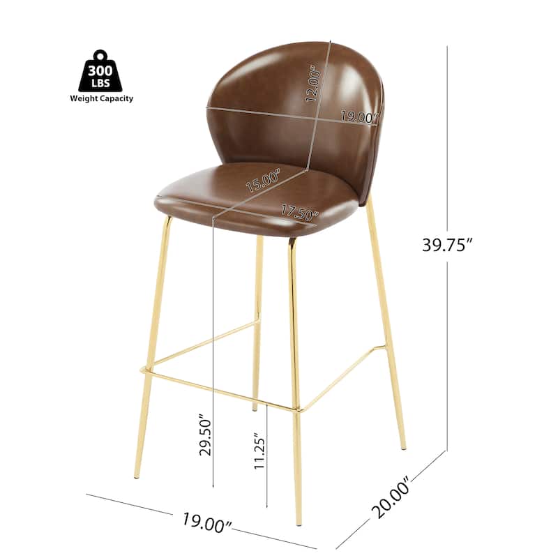 Upholstered Bar Stools, Dark Brown Faux Leather with Golden Metal Frame, Set of 2 Barstool with Ergonomic Curved Backrest