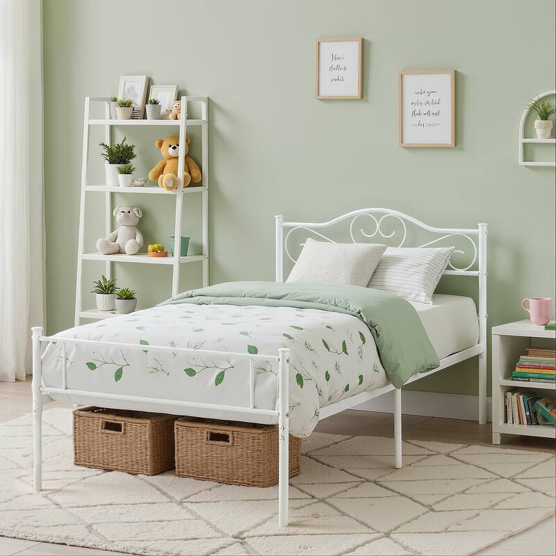 VECELO Metal Platform Bed Frame with Headboard & Footboard, Steel Slats Mattress Foundation, No Box Spring Needed - White - Twin