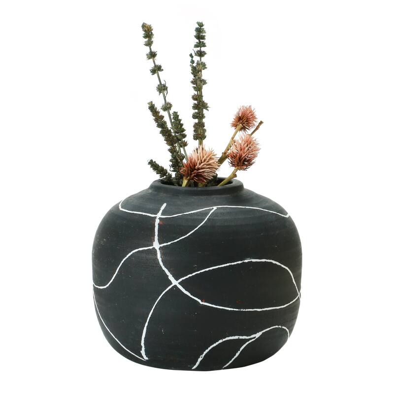 Hand-Painted Terra-cotta Vase, Black & White