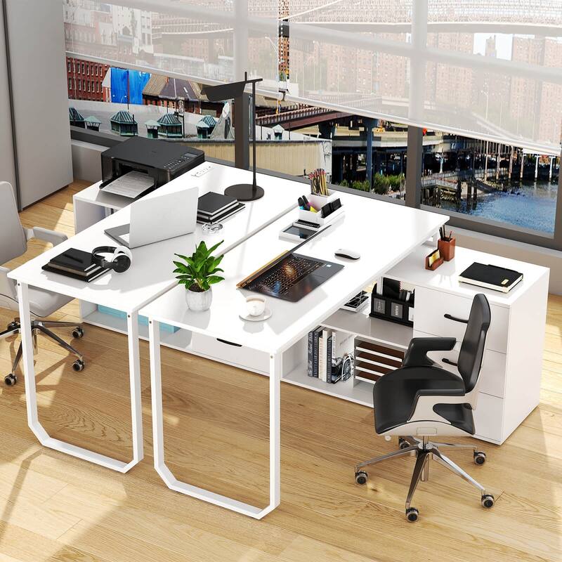 Costway L-Shaped Desk with Power Outlet 55" Reversible Computer Desk